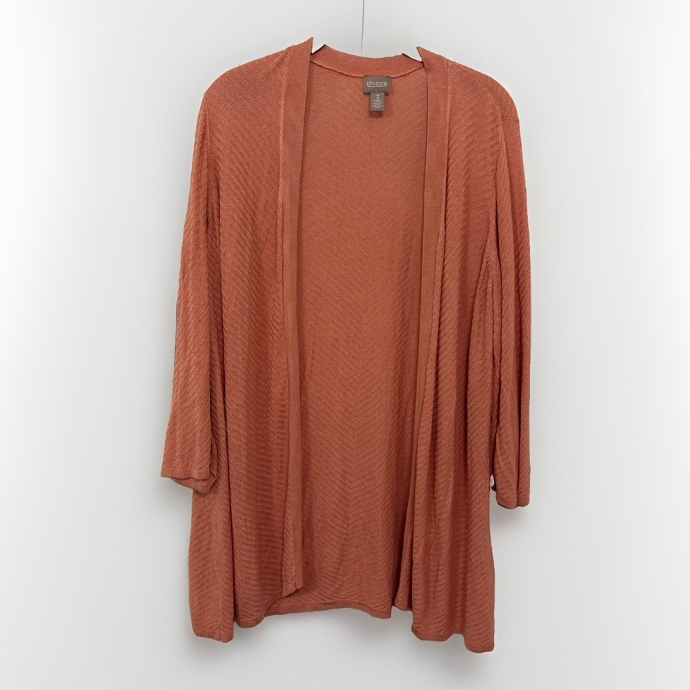 Chicos Open Cardigan Sz 3 / XL Salmon Orange Ribbed Lightweight Resort Beachy